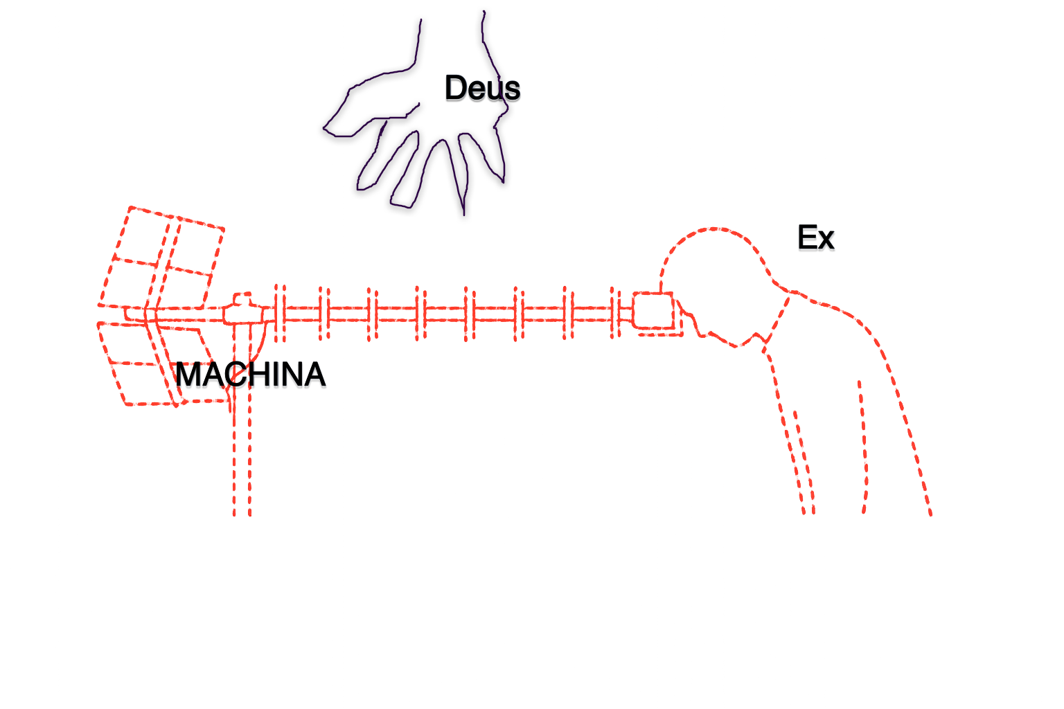 Line-art of a person at a relay rig beneath a reaching hand — ‘Deus Ex Machina’