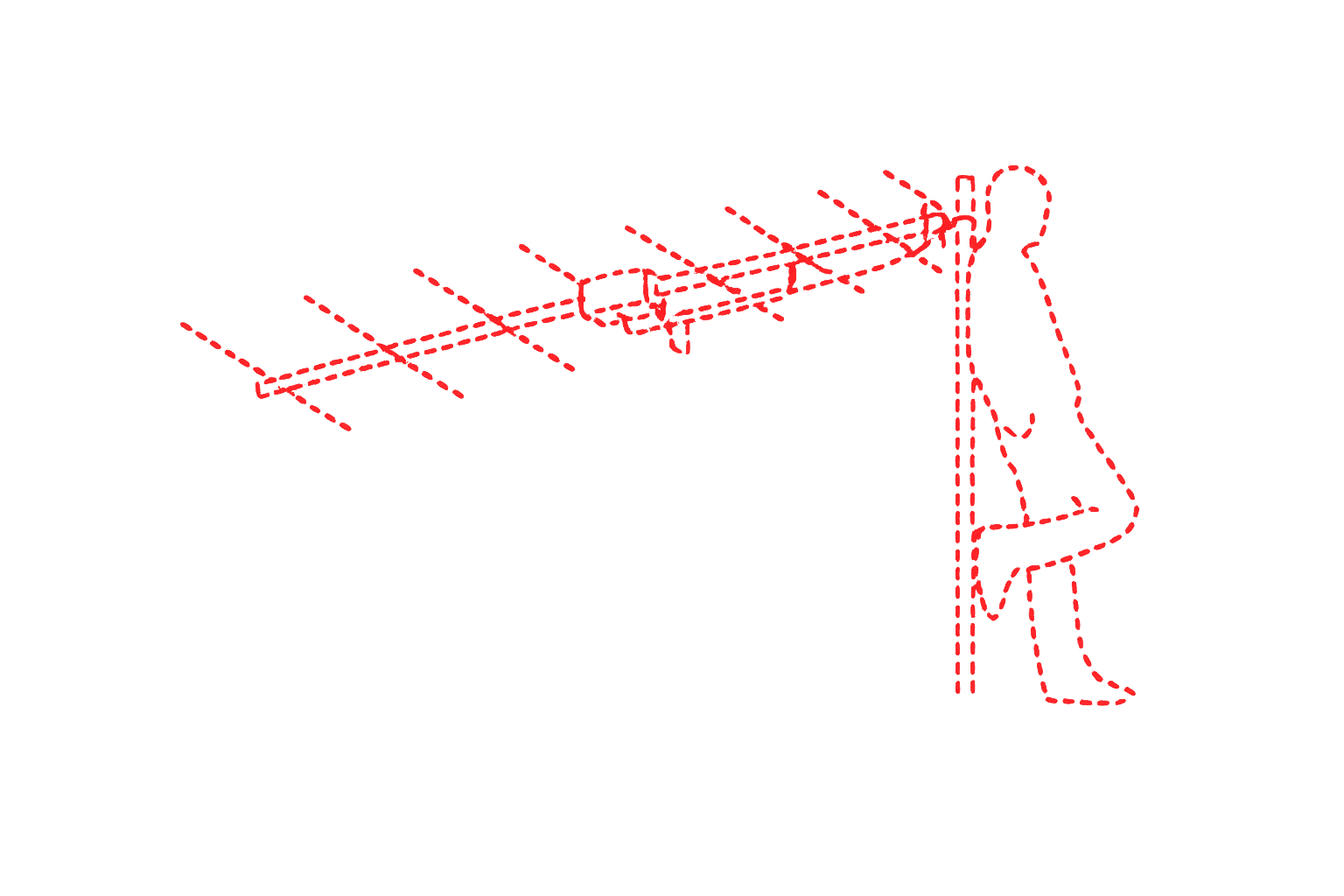 Red line-art of a greybeard aiming a long Yagi antenna into the dark