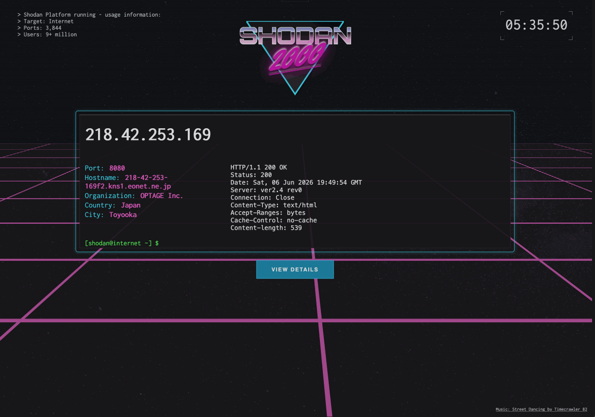 Synthwave Shodan-style scan readout of an exposed host: open port 8888, service banners, geolocation